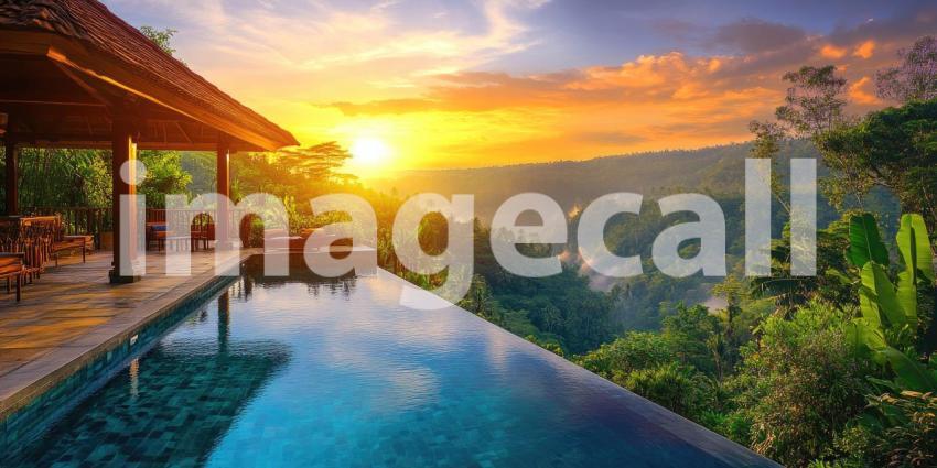 Tropical Sunset Paradise: Infinity Pool Reflects Golden Sky, Palm Trees and Lush Foliage, a Serene Escape to Exotic Beauty.