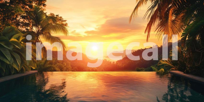 Tropical Sunset Paradise: Infinity Pool Reflects Golden Sky, Palm Trees and Lush Foliage, a Serene Escape to Exotic Beauty.