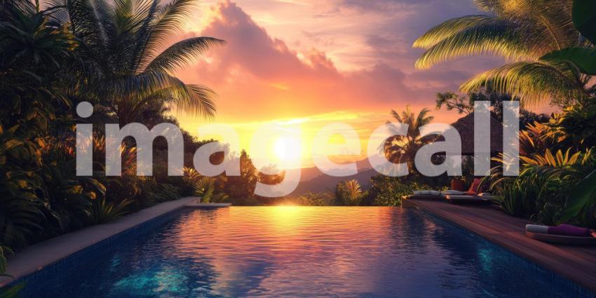 Tropical Sunset Paradise: Infinity Pool Reflects Golden Sky, Palm Trees and Lush Foliage, a Serene Escape to Exotic Beauty.