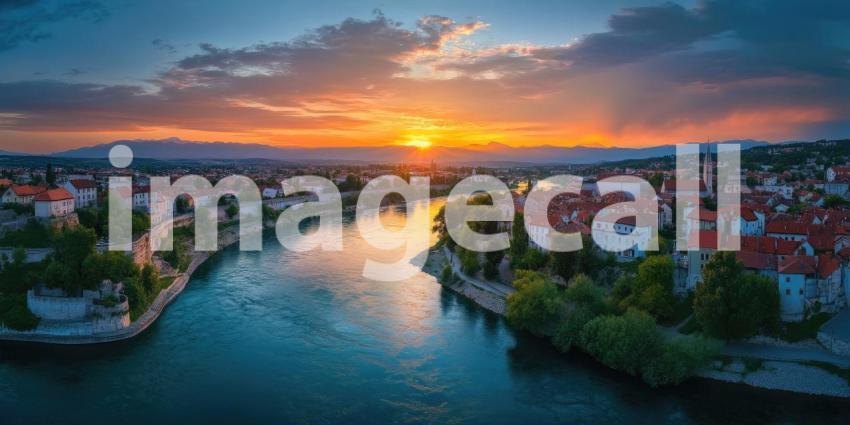 Lake Como Sunset Glow: Pink Skies Reflect on Water, Mountainous Landscape and Winding Shoreline, a Dramatic Aerial View.