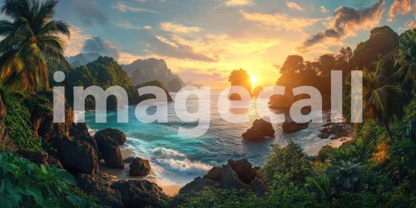 Tropical Lagoon Sunset: Pink Clouds Over Calm Water, Mountainous Islands and Lush Foliage, a Serene and Exotic Paradise Scene.