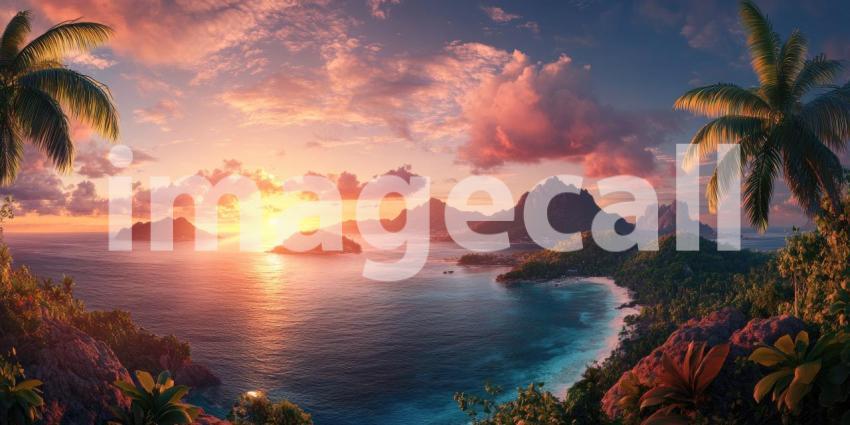 Tropical Lagoon Sunset: Pink Clouds Over Calm Water, Mountainous Islands and Lush Foliage, a Serene and Exotic Paradise Scene.