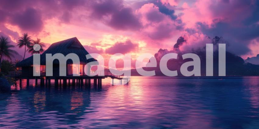 Overwater Bungalow Bliss: Thatched Roof Hut on Turquoise Lagoon, Mountains and Palms in a Tropical Paradise of Serene Escape.