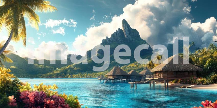 Overwater Bungalow Bliss: Thatched Roof Hut on Turquoise Lagoon, Mountains and Palms in a Tropical Paradise of Serene Escape.