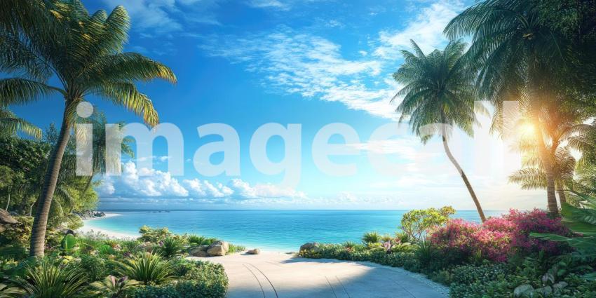 Tropical Beach Path: Palm Trees and Flowering Bushes Frame Turquoise Waters, Sunlit Sands Lead to a Paradise of Coastal Beauty.