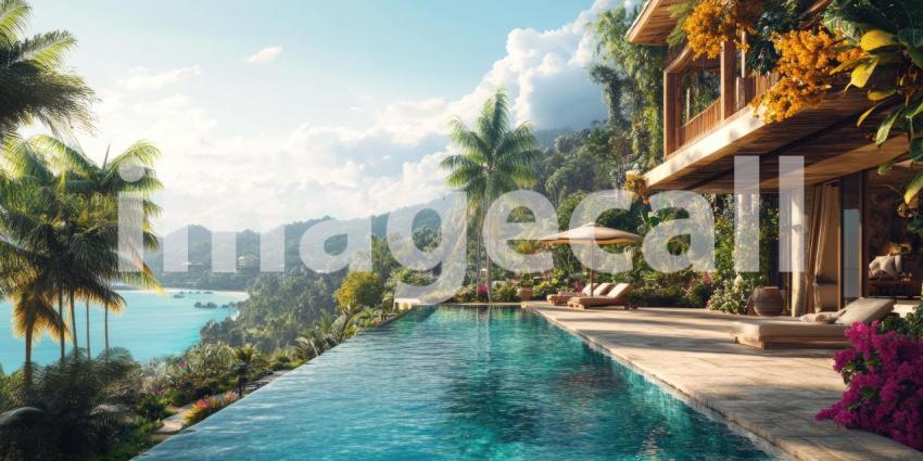 Tropical Beach Path: Palm Trees and Flowering Bushes Frame Turquoise Waters, Sunlit Sands Lead to a Paradise of Coastal Beauty.