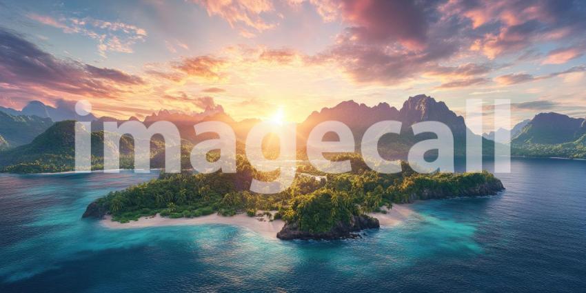Tropical Lagoon Sunset: Pink Clouds Over Calm Water, Mountainous Islands and Lush Foliage, a Serene and Exotic Paradise Scene.