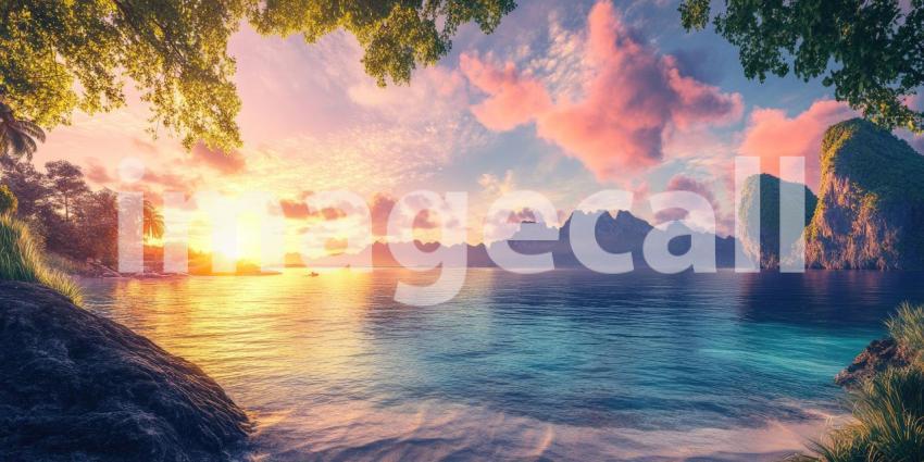 Tropical Lagoon Sunset: Pink Clouds Over Calm Water, Mountainous Islands and Lush Foliage, a Serene and Exotic Paradise Scene.