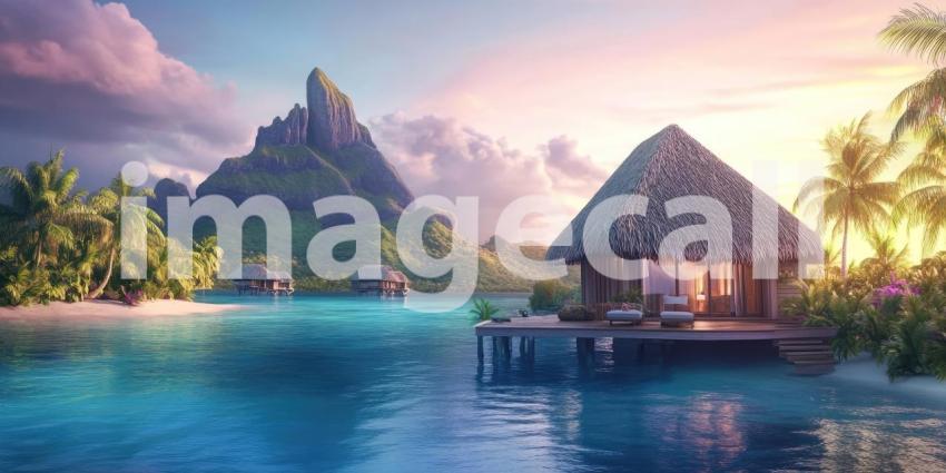Overwater Bungalow Bliss: Thatched Roof Hut on Turquoise Lagoon, Mountains and Palms in a Tropical Paradise of Serene Escape.