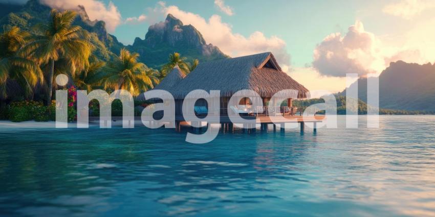 Overwater Bungalow Bliss: Thatched Roof Hut on Turquoise Lagoon, Mountains and Palms in a Tropical Paradise of Serene Escape.