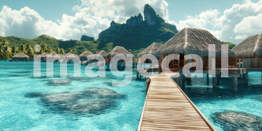 Overwater Bungalow Bliss: Thatched Roof Hut on Turquoise Lagoon, Mountains and Palms in a Tropical Paradise of Serene Escape.