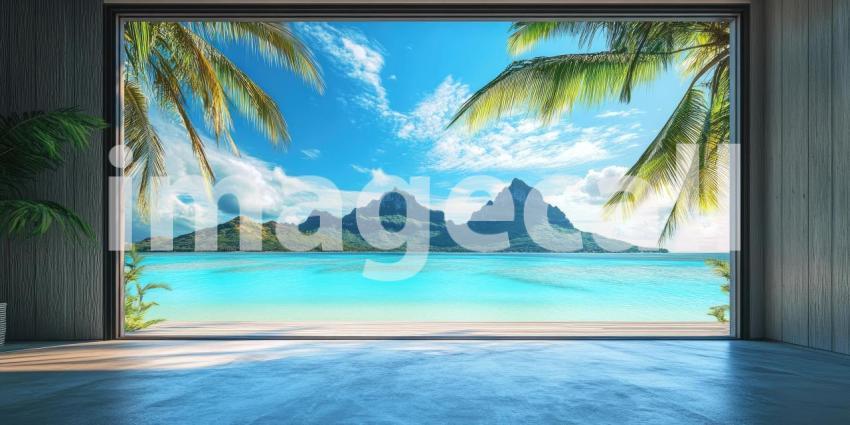 Overwater Bungalow Bliss: Thatched Roof Hut on Turquoise Lagoon, Mountains and Palms in a Tropical Paradise of Serene Escape.