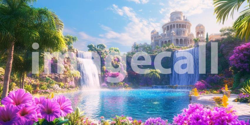 Tropical Waterfall Oasis: Pink Flowers and Palm Trees Surround Turquoise Pool, Cascading Water and White Sands in a Lush Paradise.