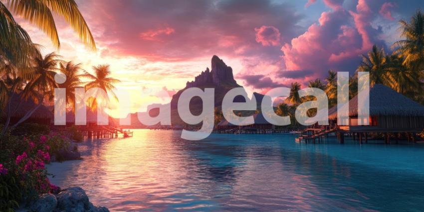 Overwater Bungalow Bliss: Thatched Roof Hut on Turquoise Lagoon, Mountains and Palms in a Tropical Paradise of Serene Escape.