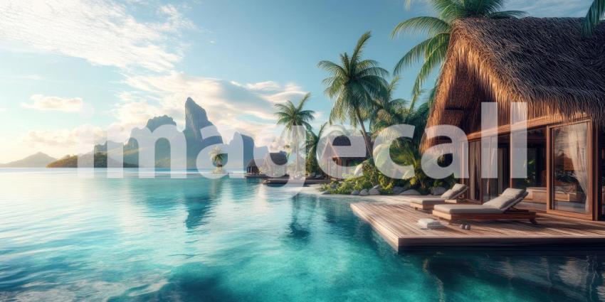 Overwater Bungalow Bliss: Thatched Roof Hut on Turquoise Lagoon, Mountains and Palms in a Tropical Paradise of Serene Escape.