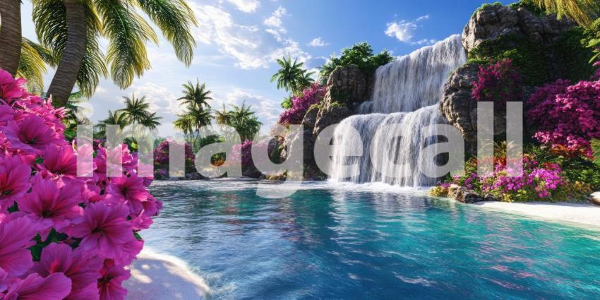 Tropical Waterfall Oasis: Pink Flowers and Palm Trees Surround Turquoise Pool, Cascading Water and White Sands in a Lush Paradise.