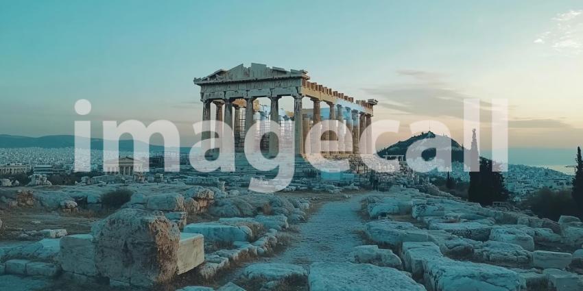 Parthenon Majesty: Ancient Columns Stand on Rocky Hill, Blue Skies and Distant City, a Timeless Symbol of Classical Greece.