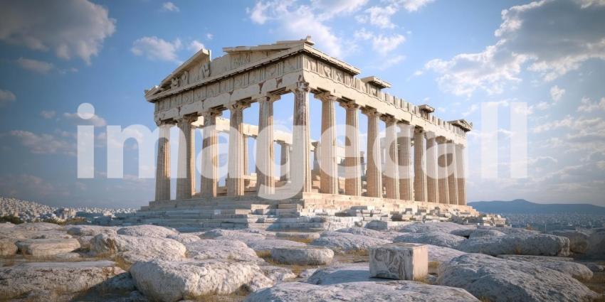 Parthenon Majesty: Ancient Columns Stand on Rocky Hill, Blue Skies and Distant City, a Timeless Symbol of Classical Greece.