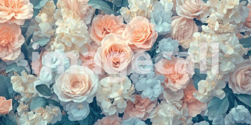 Rose and Hydrangea Bloom: Pink and Blue Flowers in a Soft, Floral Tapestry, a Garden of Delicate Beauty and Harmony.