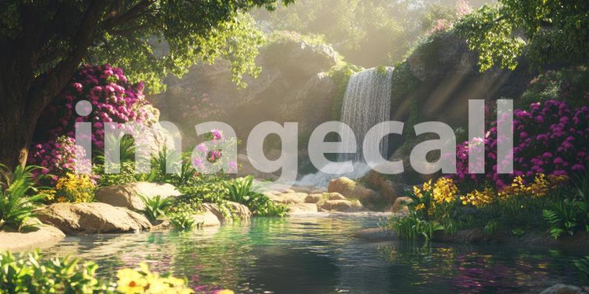 Tropical Waterfall Oasis: Pink Flowers and Palm Trees Surround Turquoise Pool, Cascading Water and White Sands in a Lush Paradise.