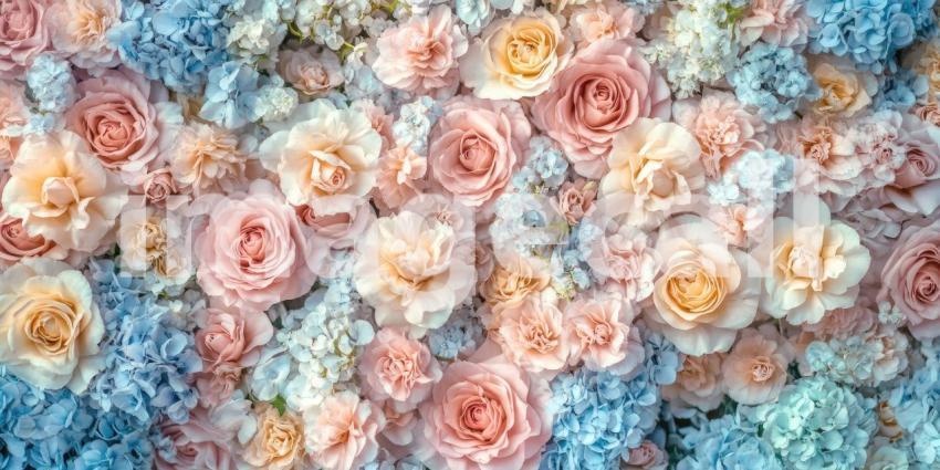 Rose and Hydrangea Bloom: Pink and Blue Flowers in a Soft, Floral Tapestry, a Garden of Delicate Beauty and Harmony.