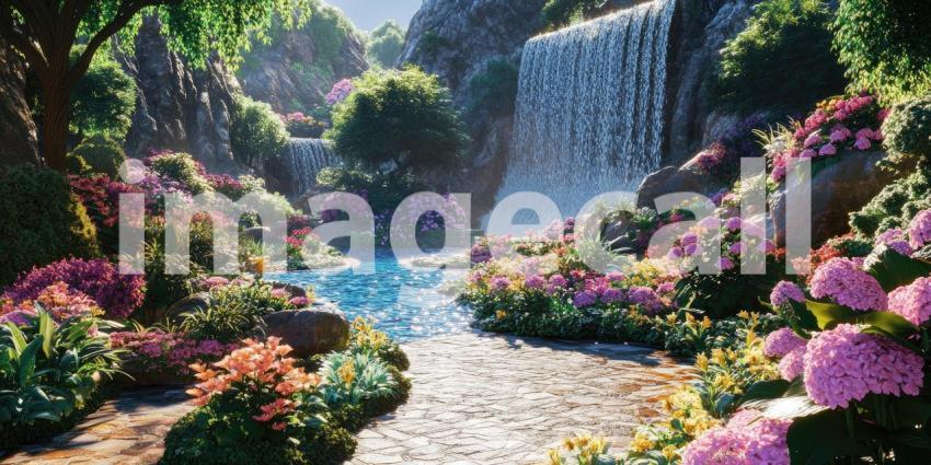 Tropical Waterfall Oasis: Pink Flowers and Palm Trees Surround Turquoise Pool, Cascading Water and White Sands in a Lush Paradise.