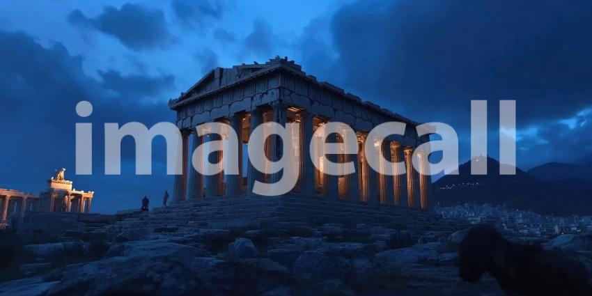 Parthenon Majesty: Ancient Columns Stand on Rocky Hill, Blue Skies and Distant City, a Timeless Symbol of Classical Greece.