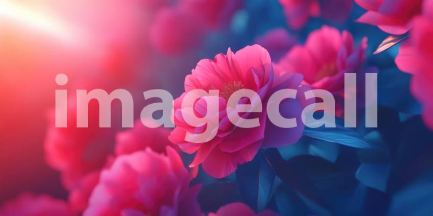 Peony Bloom Delight: Pink Flowers and Soft Light, Lush Petals and Green Leaves in a Romantic, Floral Composition.