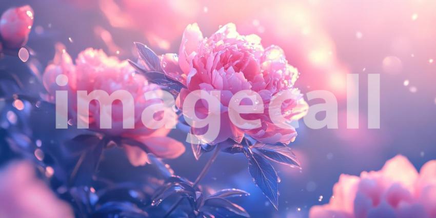 Peony Bloom Delight: Pink Flowers and Soft Light, Lush Petals and Green Leaves in a Romantic, Floral Composition.