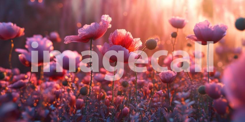 Poppy Bloom Abundance: Crimson Petals and Dark Centers, Close-Up of Floral Beauty in a Rich, Textured Composition.