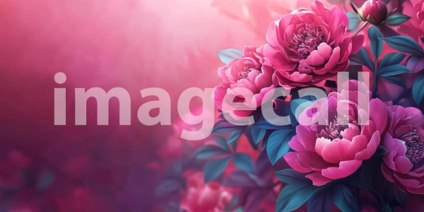 Peony Bloom Delight: Pink Flowers and Soft Light, Lush Petals and Green Leaves in a Romantic, Floral Composition.