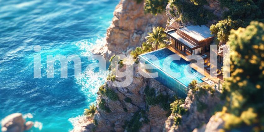 Cliffside Luxury Villa: Modern Architecture with Infinity Pool Overlooking the Sea, Illuminated Terraces and Glass Walls, a Secluded Coastal Retreat.