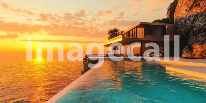 Tropical Mountain Retreat: Infinity Pool Overlooks Lush Valleys, Palm Trees and Sunlit Hills, a Serene Escape to Nature's Majesty.