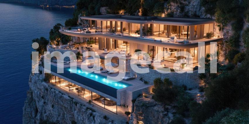 Cliffside Luxury Villa: Modern Architecture with Infinity Pool Overlooking the Sea, Illuminated Terraces and Glass Walls, a Secluded Coastal Retreat.