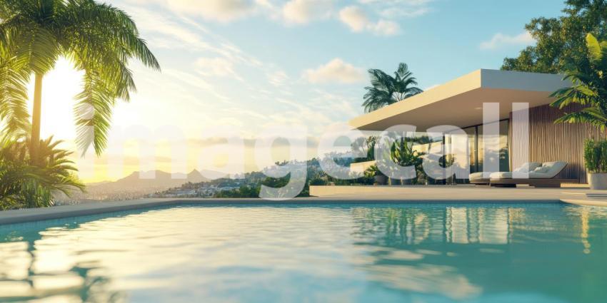 Tropical Mountain Retreat: Infinity Pool Overlooks Lush Valleys, Palm Trees and Sunlit Hills, a Serene Escape to Nature's Majesty.