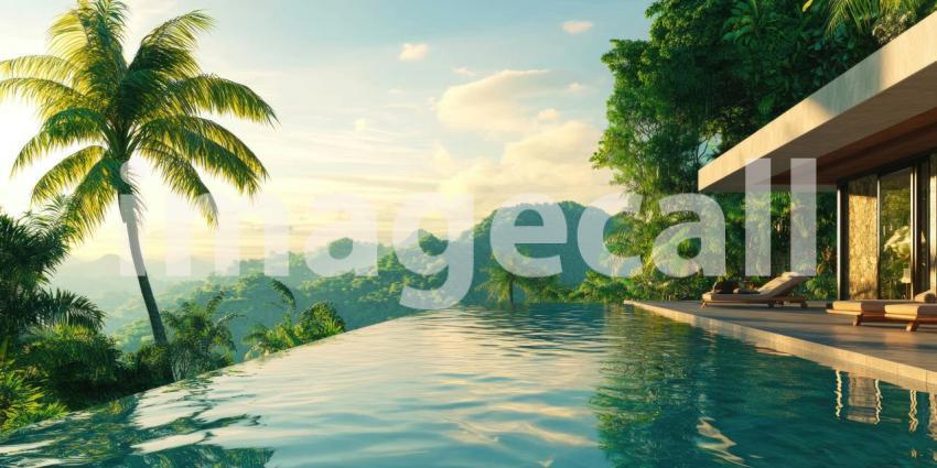 Tropical Mountain Retreat: Infinity Pool Overlooks Lush Valleys, Palm Trees and Sunlit Hills, a Serene Escape to Nature's Majesty.