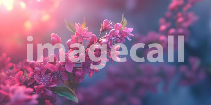 Cherry Blossom Dream: Pink Flowers and Soft Light, Branching Blooms in a Misty, Enchanted Forest Scene of Spring's Delicate Beauty.