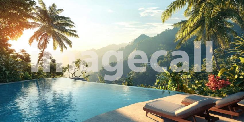 Tropical Mountain Retreat: Infinity Pool Overlooks Lush Valleys, Palm Trees and Sunlit Hills, a Serene Escape to Nature's Majesty.