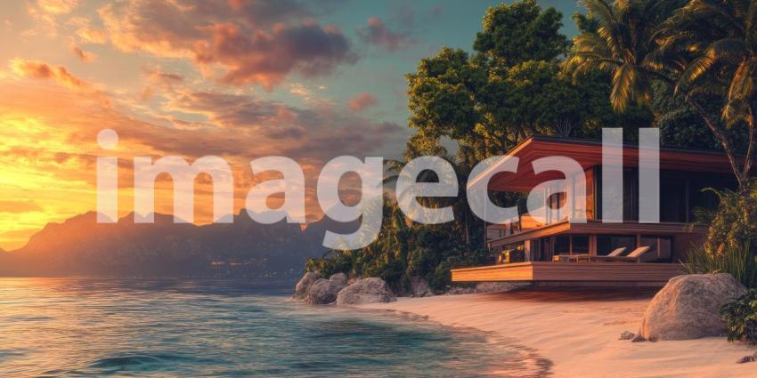 Tropical Mountain Retreat: Infinity Pool Overlooks Lush Valleys, Palm Trees and Sunlit Hills, a Serene Escape to Nature's Majesty.