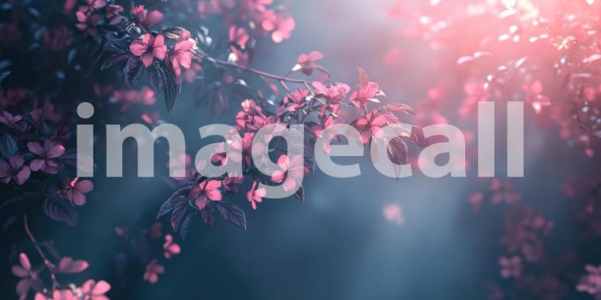 Cherry Blossom Dream: Pink Flowers and Soft Light, Branching Blooms in a Misty, Enchanted Forest Scene of Spring's Delicate Beauty.