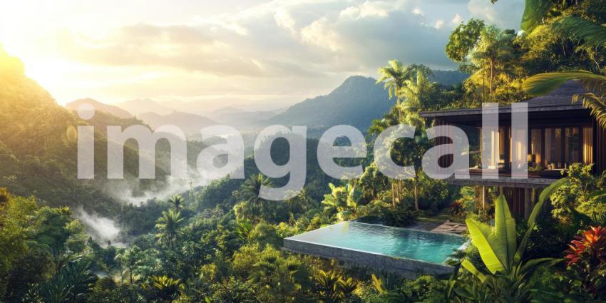 Tropical Mountain Retreat: Infinity Pool Overlooks Lush Valleys, Palm Trees and Sunlit Hills, a Serene Escape to Nature's Majesty.