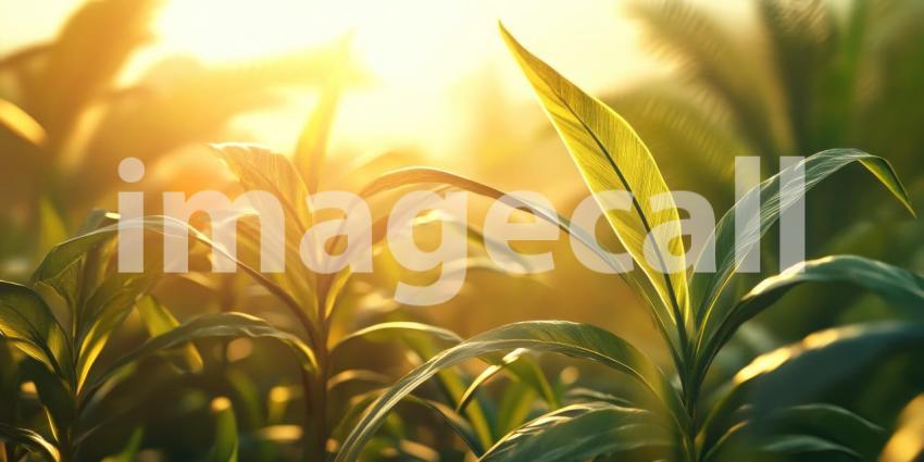 Sunlit Green Leaves: Water Droplets and Soft Bokeh, Natural Light on Lush Foliage, a Serene and Refreshing Botanical Scene.