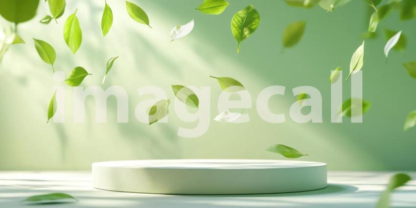 Floating Green Leaves: Product Podium in Soft Light, Natural Elements in a Minimalist, Serene Scene of Freshness and Purity.