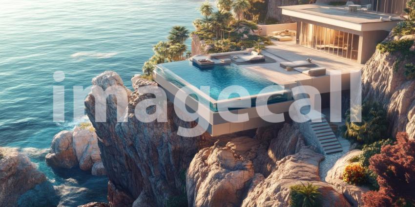 Cliffside Luxury Villa: Modern Architecture with Infinity Pool Overlooking the Sea, Illuminated Terraces and Glass Walls, a Secluded Coastal Retreat.