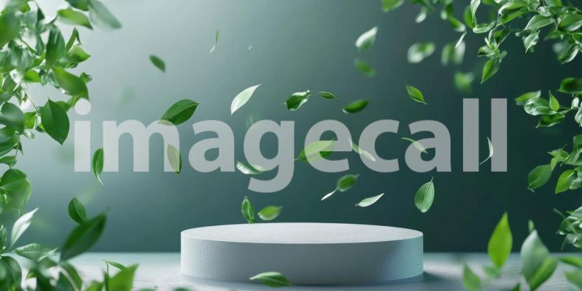 Floating Green Leaves: Product Podium in Soft Light, Natural Elements in a Minimalist, Serene Scene of Freshness and Purity.