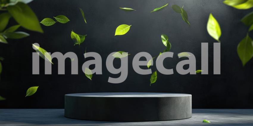 Floating Green Leaves: Product Podium in Soft Light, Natural Elements in a Minimalist, Serene Scene of Freshness and Purity.