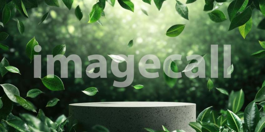 Floating Green Leaves: Product Podium in Soft Light, Natural Elements in a Minimalist, Serene Scene of Freshness and Purity.