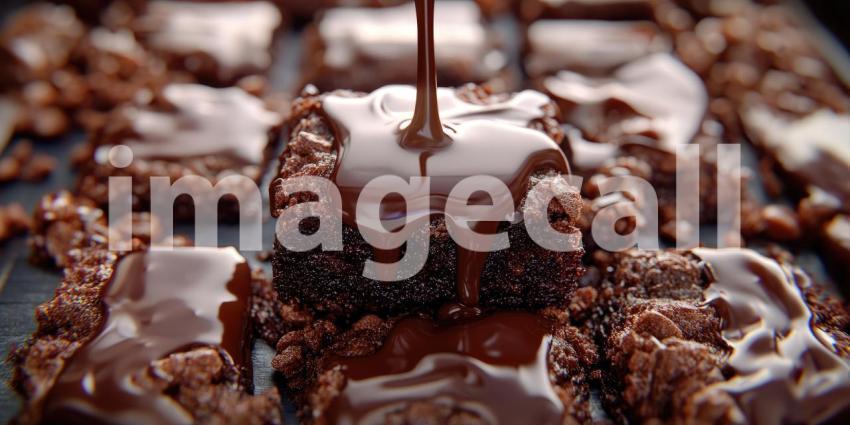 Decadent Brownie Indulgence: Chocolate Sauce Drizzled Over Fudgy Squares, Close-Up of Rich Texture and Sweet Treat Delight.