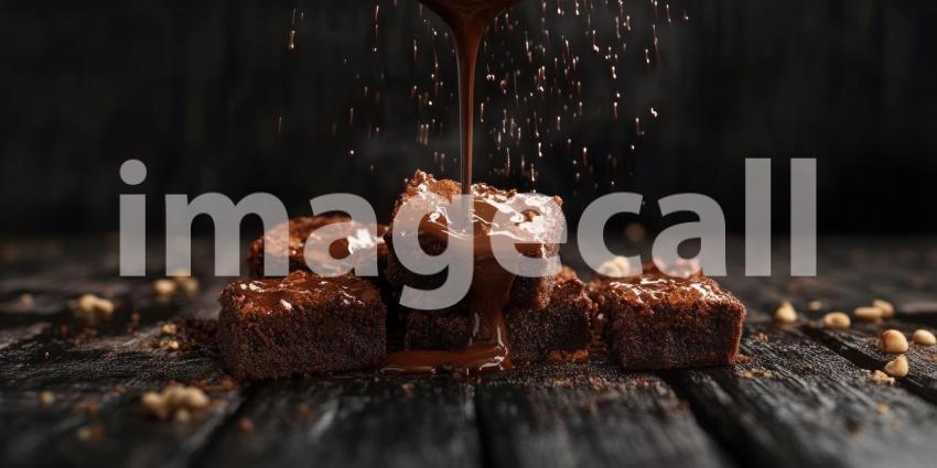 Decadent Brownie Indulgence: Chocolate Sauce Drizzled Over Fudgy Squares, Close-Up of Rich Texture and Sweet Treat Delight.