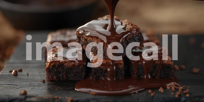 Decadent Brownie Indulgence: Chocolate Sauce Drizzled Over Fudgy Squares, Close-Up of Rich Texture and Sweet Treat Delight.